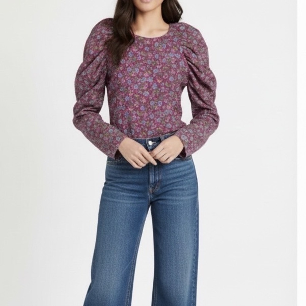 Anthropologie x Banjanan | Florence Blouse XS Purple Floral Puff Sleeve Top Boho